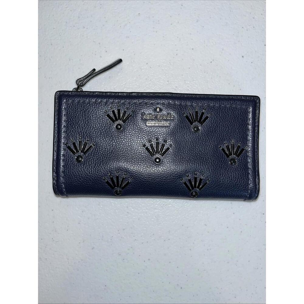 KATE SPADE Braylon Patterson Drive Embellished Leather Bi Fold Navy Wallet EUC